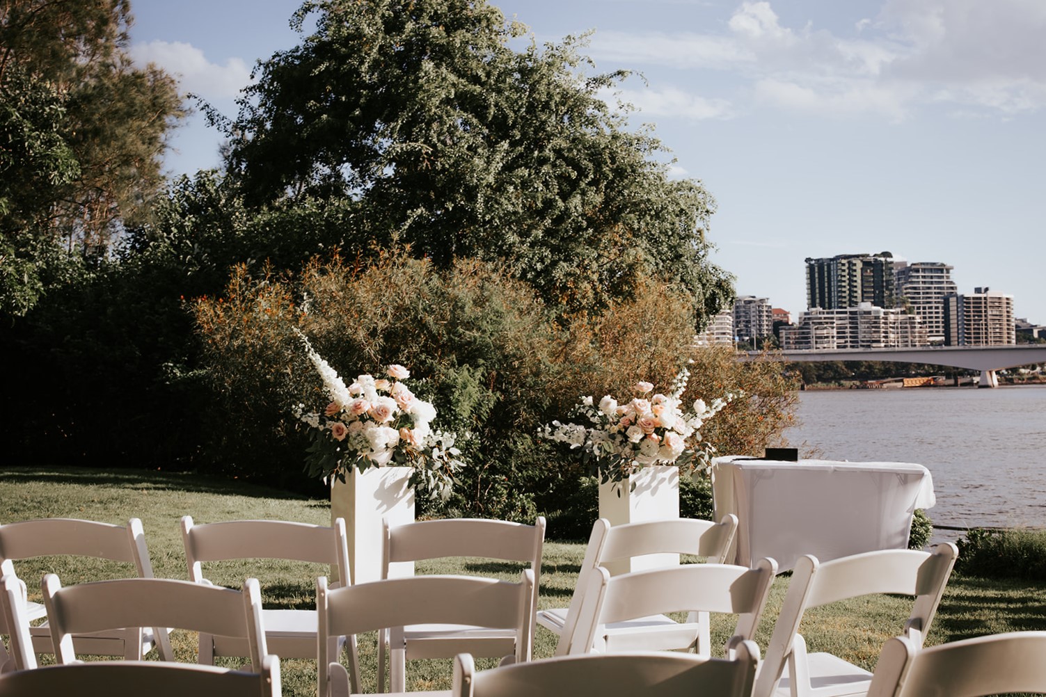 sunset wedding at Lower River Terrace