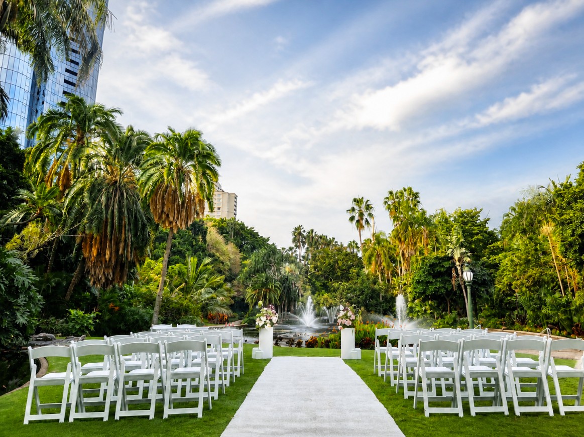 City botanic gardens fountain wedding backdrop