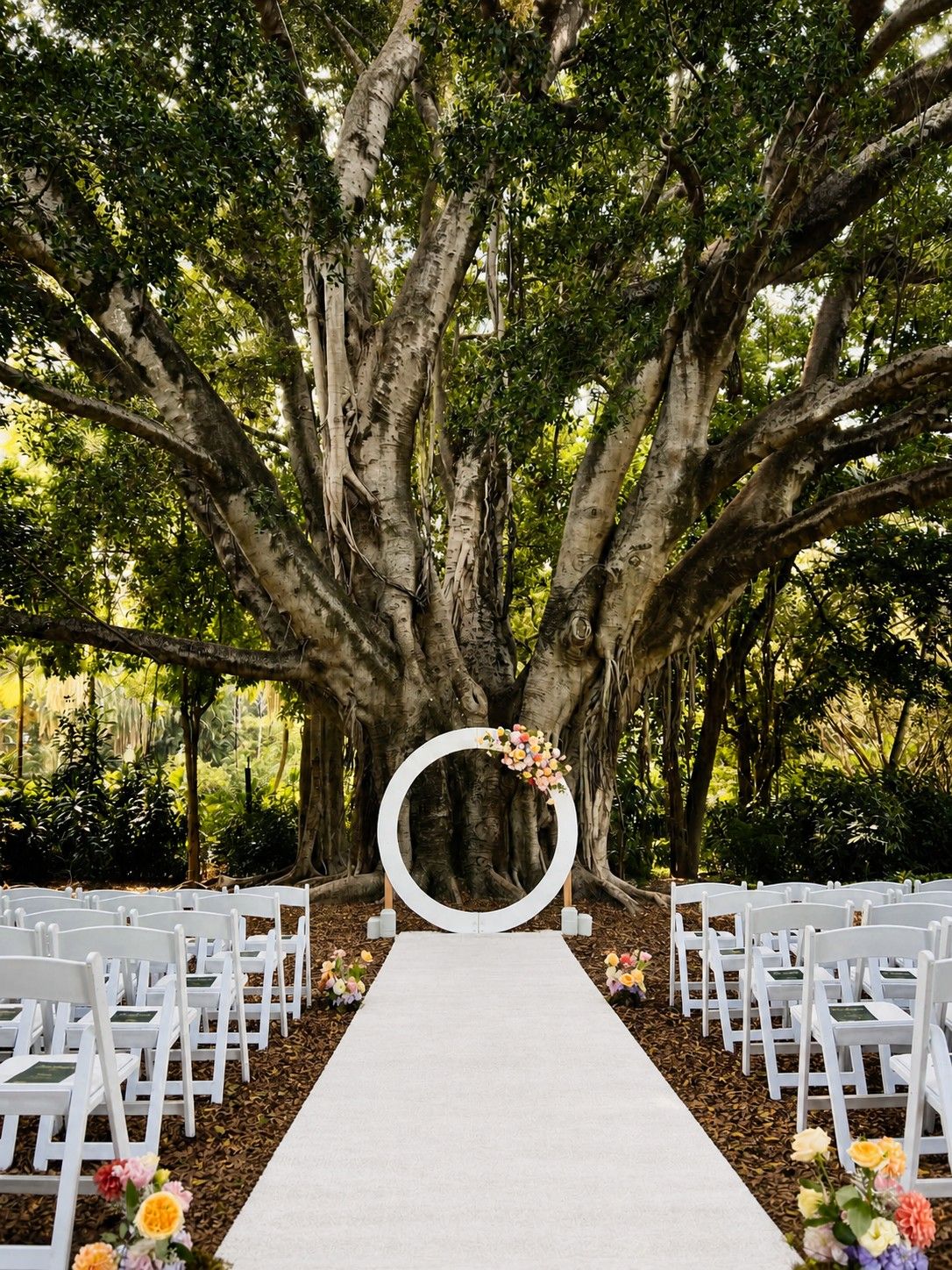 white circle wedding arch colourful fresh flowers